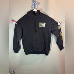 MTV Classic Pocket Logo Hoodie With Sleeve and Back Print Black Size Medium Y2K
